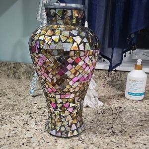 New Without Tags Pink,Green& Silver Mosaic Glass Vase with Multicolor Tiles 13"H
